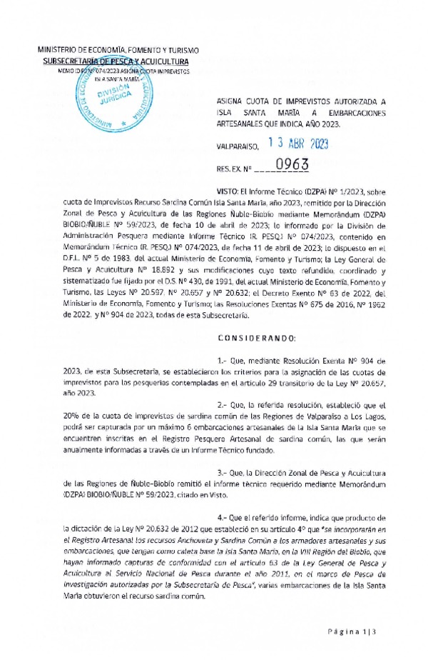 Res. Ex. N° 0963-2023 Asigna Cuota de Imprevistos Autorizada a Isla Santa María a Embarcaciones Artesanales que Indica, Año 2023. (Publicado en Página Web 14-04-2023)