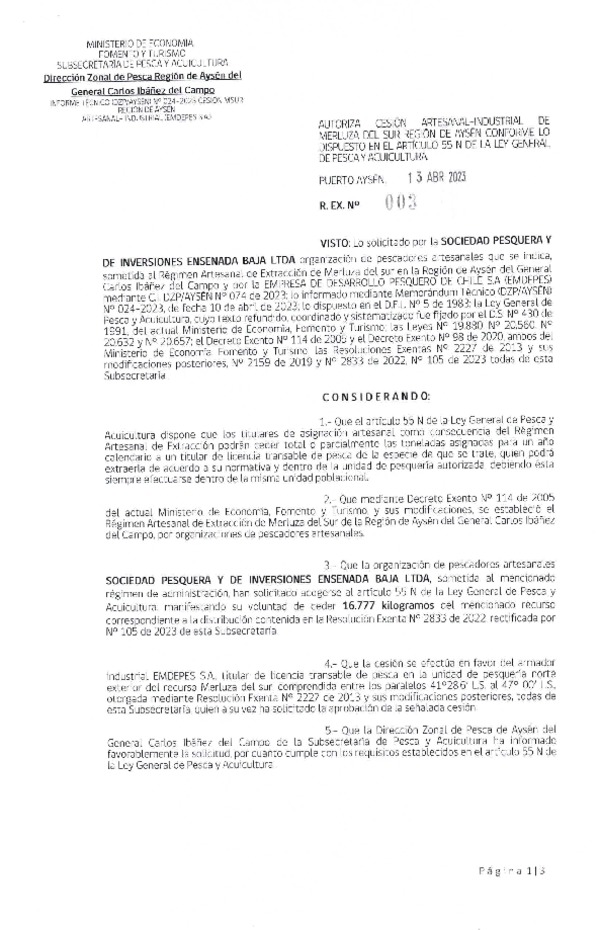Res. Ex. N° 003-2023 (DZP Aysén) Autoriza cesión Merluza del Sur. (Publicado en Página Web 14-04-2023)