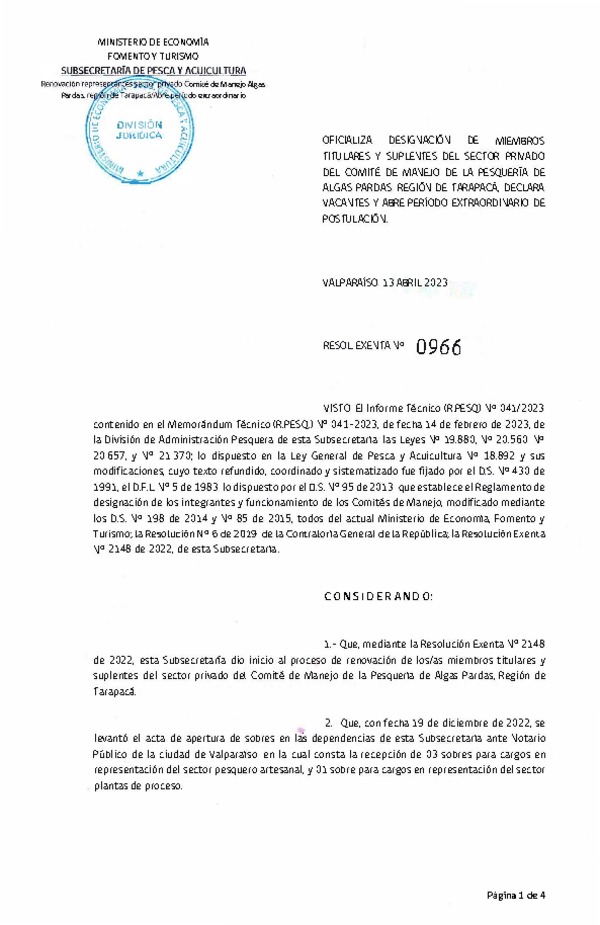 Res. Ex. N° 0966-2023, Oficializa Designación de Miembros Titulares y Suplentes del Sector Privado del Comité de Manejo de Algas Pardas Región de Tarapacá. (Publicado en Página Web 14-04-2023)
