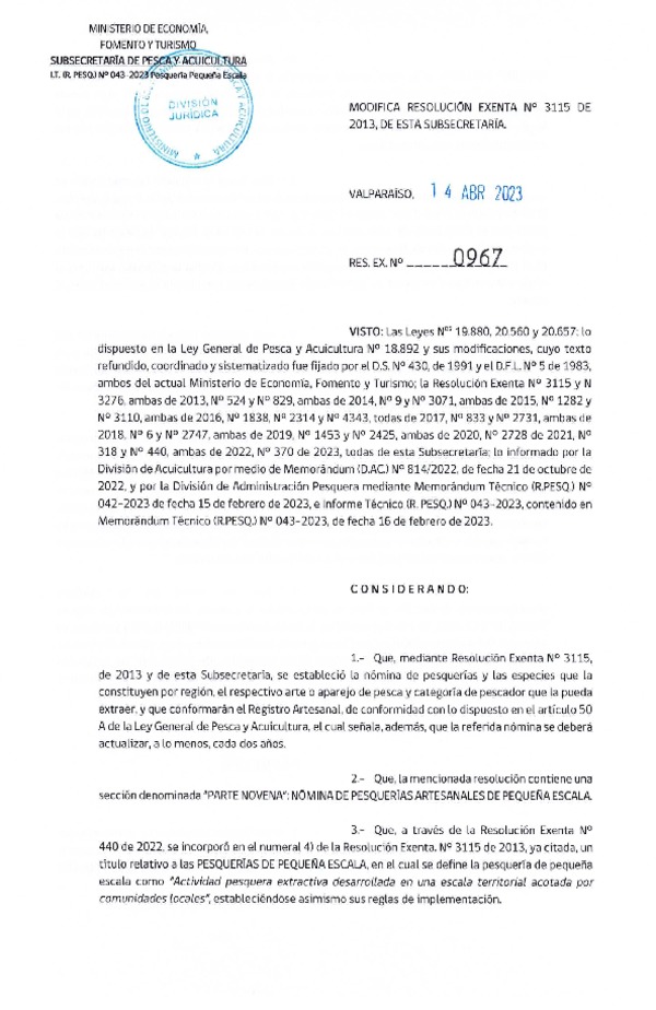 Res. Ex. N° 0967-2023 Modifica Res. Ex. N° 3115-2013, de esta Subsecretaría. (Publicado en Página Web 14-04-2023)