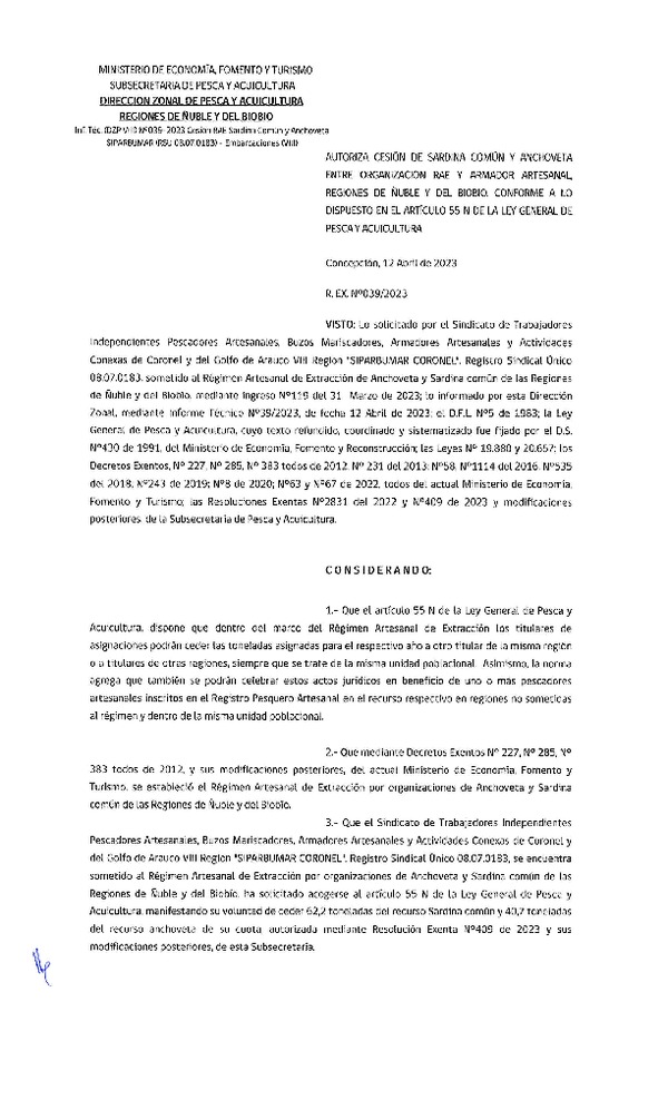 Res. Ex. N° 039-2023 (DZP Ñuble y del Biobío) Autoriza cesión Sardina común y Anchoveta. (Publicado en Página Web 14-04-2023)