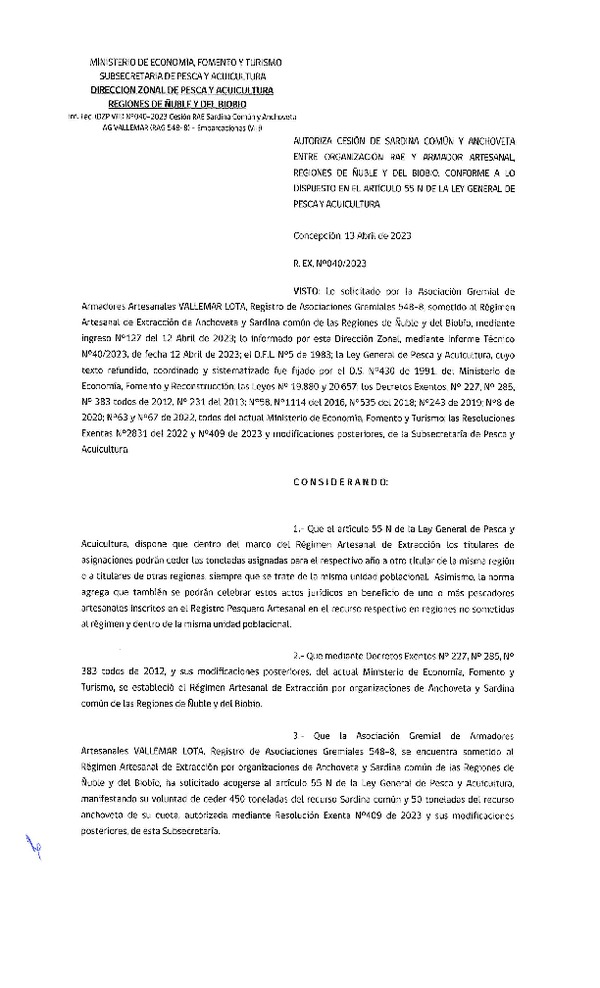Res. Ex. N° 040-2023 (DZP Ñuble y del Biobío) Autoriza cesión Sardina común y Anchoveta. (Publicado en Página Web 14-04-2023)