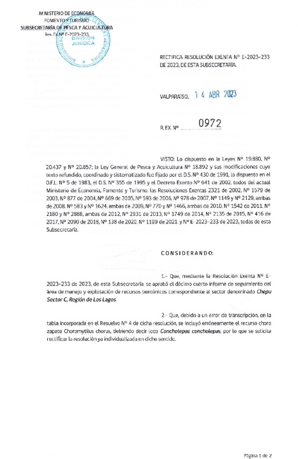 Res. Ex. N° 0972-2023 Rectifica R. EX. Nº E-2023-233 Modifica Resolución que Indica. Aprueba 14° Seguimiento. (Publicado en Página Web 14-04-2023)