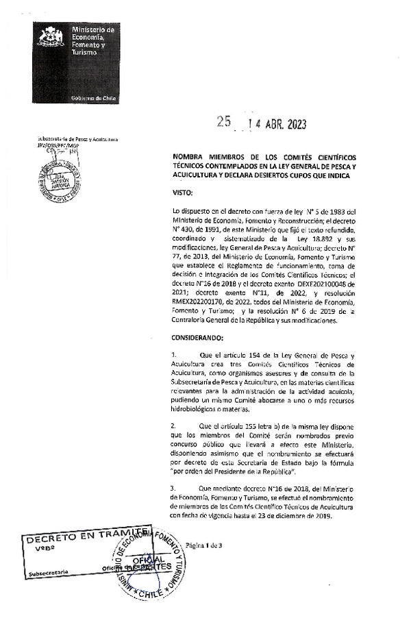 D.S. N° 25-2023 Nombra Miembros de Los Comités Científicos Técnicos Contemplados en la Ley General de Pesca y Acuicultura y Declara Desiertos Cupos que Indica. (Publicado en Página Web 18-04-2023)