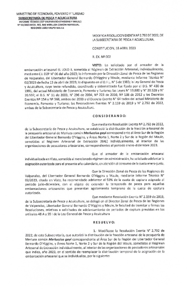 Res. Ex. N° 002-2023 (DZP Valparaíso-O'Higgins-Maule) Modifica Res. Ex. N° 2792-2022 Establece Distribución de la Fracción Artesanal de Merluza Común Individual, en Área que Indica, Año 2023. (Publicado en Página Web 18-04-2023)