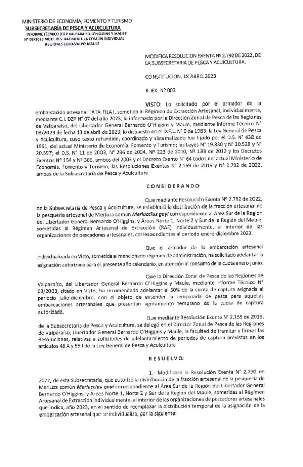 Res. Ex. N° 003-2023 (DZP Valparaíso-O'Higgins-Maule) Modifica Res. Ex. N° 2792-2022 Establece Distribución de la Fracción Artesanal de Merluza Común Individual, en Área que Indica, Año 2023. (Publicado en Página Web 18-04-2023)