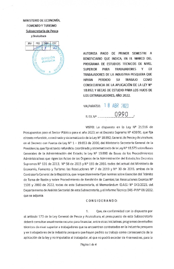 Res. Ex. N° 0990-2023 Autoriza pago de primer semestre a beneficiario que indica, en el marco del programa que señala. (Publicado en Página Web 18-04-2023)