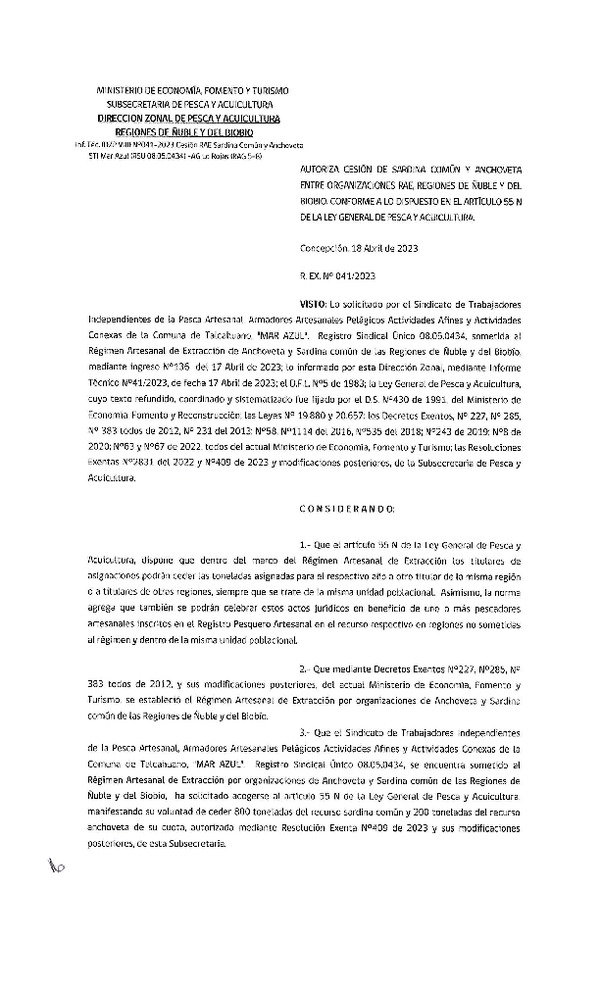 Res. Ex. N° 041-2023 (DZP Ñuble y del Biobío) Autoriza cesión Sardina común y Anchoveta. (Publicado en Página Web 19-04-2023)
