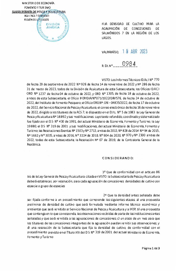 Res. Ex. N° 0984-2023 Fija densidad de cultivo para la agrupación de concesiones de salmónidos 7 en la Región de Los Lagos. (Con Informe Técnico) (Publicado en Página Web 19-04-2023)
