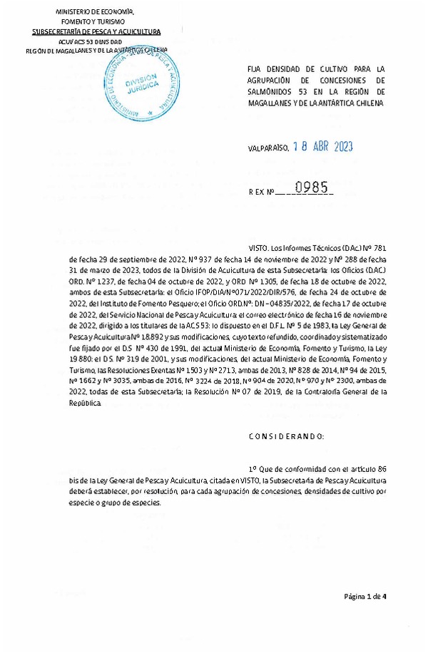 Res. Ex. N° 0985-2023 Fija densidad de cultivo para la agrupación de concesiones de salmónidos 53 en la Región de Magallanes y de La Antártica Chilena. (Con Informe Técnico) (Publicado en Página Web 19-04-2023)