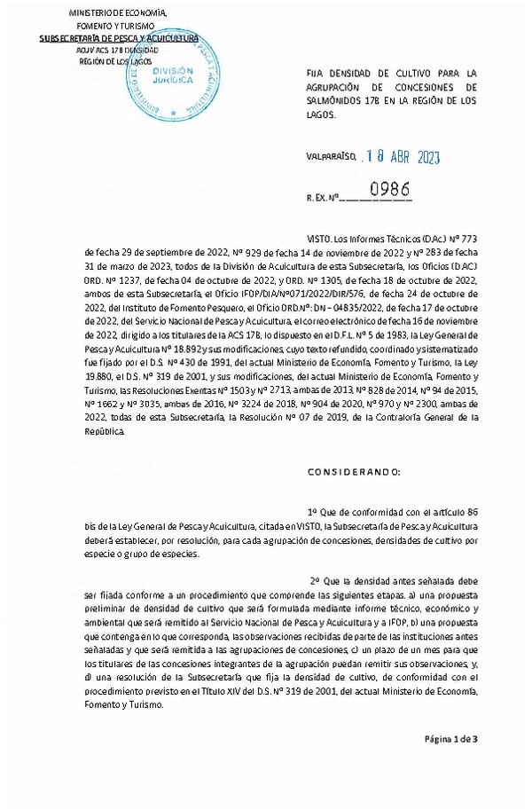 Res. Ex. N° 0986-2023 Fija densidad de cultivo para la agrupación de concesiones de salmónidos 17B en la Región de Los Lagos. (Con Informe Técnico) (Publicado en Página Web 19-04-2023)