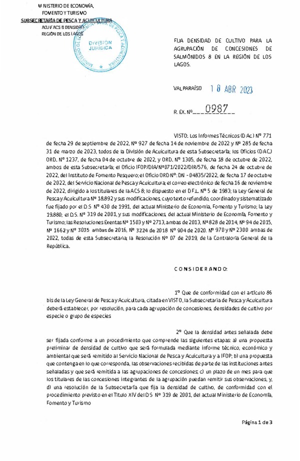 Res. Ex. N° 0987-2023 Fija densidad de cultivo para la agrupación de concesiones de salmónidos 8 en la Región de Los Lagos. (Con Informe Técnico) (Publicado en Página Web 19-04-2023)