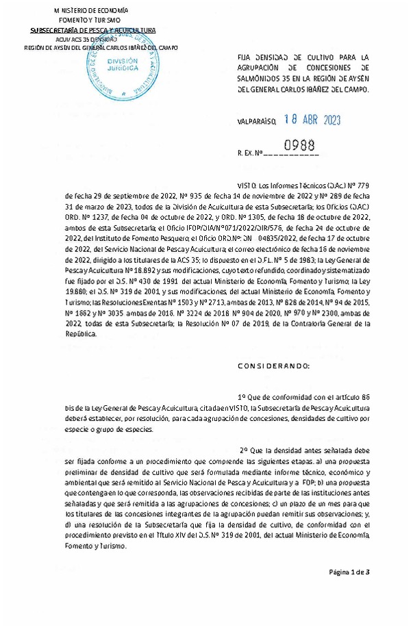 Res. Ex. N° 0988-2023 Fija densidad de cultivo para la agrupación de concesiones de salmónidos 35 en la Región de Aysén del General Carlos Ibáñez del Campo. (Con Informe Técnico) (Publicado en Página Web 19-04-2023)