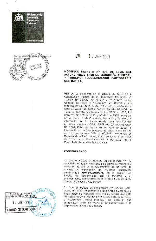 Dec. Ex. N° 26-2023 Modifica Dec. N° 473-1998 Regularizando Cartografía que Indica. (Publicado en Página Web 21-04-2023)