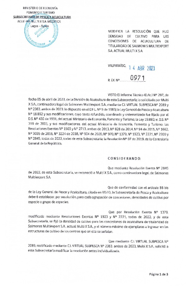 Res. Ex. N° 0971-2023 Modifica Res. Ex. N° 1379-2022 Fija densidad de cultivo para las concesiones de acuicultura de titularidad de Salmones Multiexport S.A. Aprueba programa de manejo que indica. (Con Informe Técnico) (Publicado en Página Web 21-04-2023)