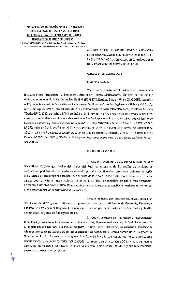 Res. Ex. N° 042-2023 (DZP Ñuble y del Biobío) Autoriza cesión Sardina común y Anchoveta. (Publicado en Página Web 21-04-2023)