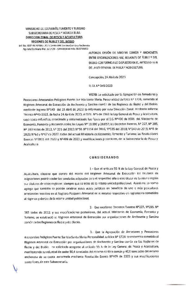 Res. Ex. N° 045-2023 (DZP Ñuble y del Biobío) Autoriza cesión Sardina común y Anchoveta. (Publicado en Página Web 24-04-2023)