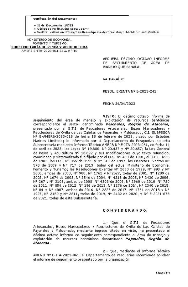 RESOL. EXENTA Nº E-2023-242 Aprueba 18° seguimiento. (Publicado en Página Web 25-04-2023)