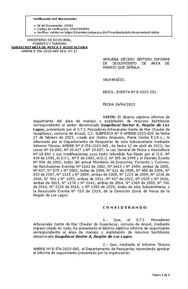 RESOL. EXENTA Nº E-2023-251 Aprueba 17° seguimiento. (Publicado en Página Web 25-04-2023)