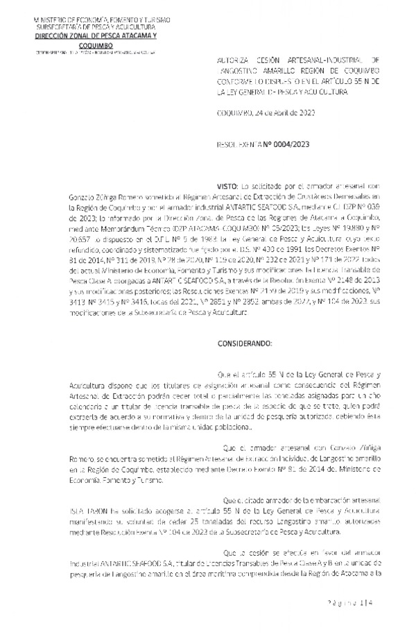 Res. Ex. N° 0004-2023 (DZP Atacama y Coquimbo) Autoriza Cesión de Langostino Amarillo, Región de Coquimbo. (Publicado en Página Web 25-04-2023)