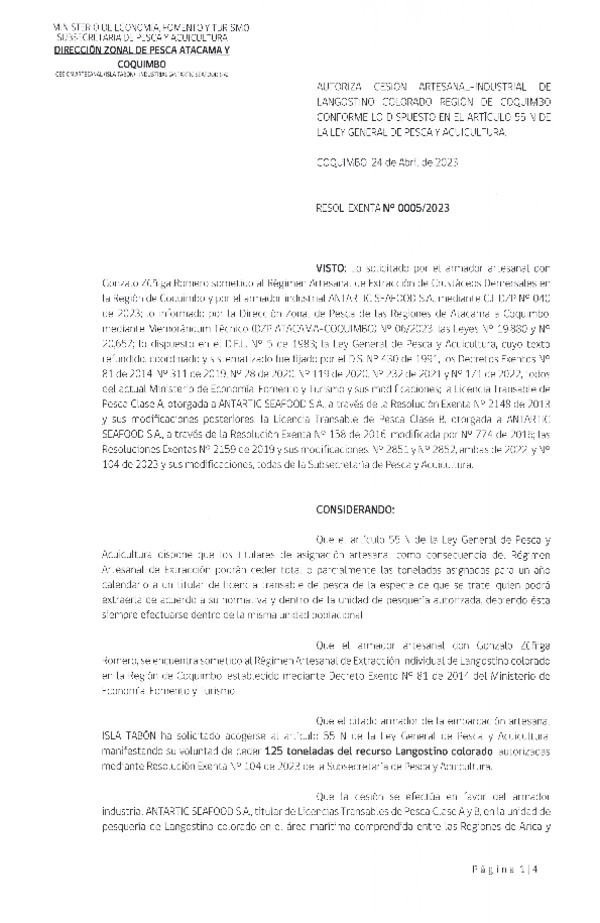 Res. Ex. N° 0005-2023 (DZP Atacama y Coquimbo) Autoriza Cesión de Langostino Colorado, Región de Coquimbo. (Publicado en Página Web 25-04-2023)