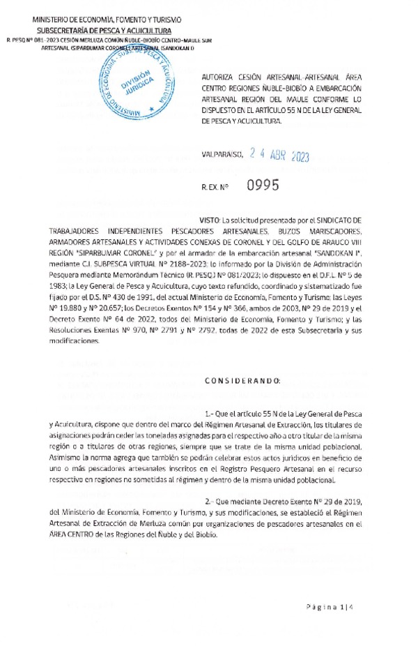 Res. Ex. N° 0995-2023 Autoriza Cesión de Merluza común, Región del Maule. (Publicado en Página Web 25-04-2023)
