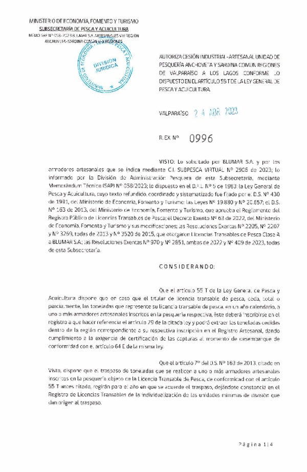 Res. Ex N° 0996-2023, Autoriza cesión unidad de Pesquería Anchoveta y Sardina Común Regiones de Valparaíso a Los Lagos. (Publicado en Página Web 26-04-2023).