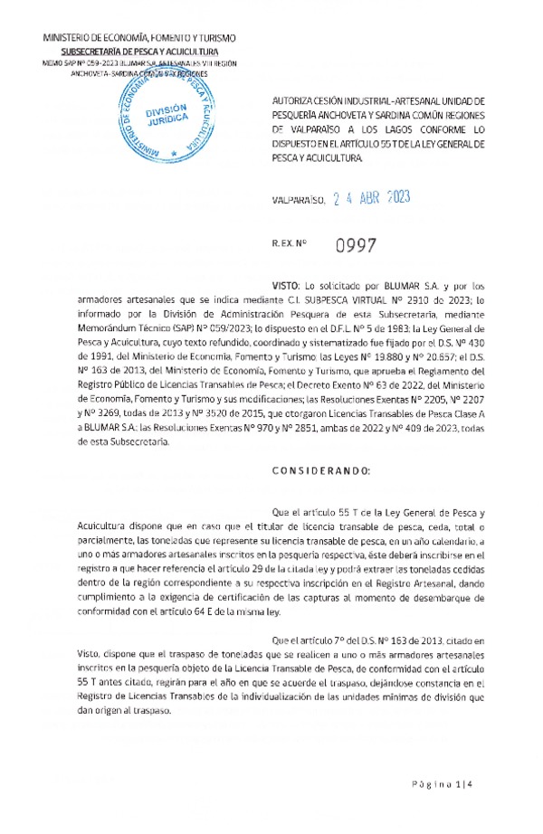 Res. Ex N° 0997-2023, Autoriza cesión unidad de Pesquería Anchoveta y Sardina Común Regiones de Valparaíso a Los Lagos. (Publicado en Página Web 26-04-2023).