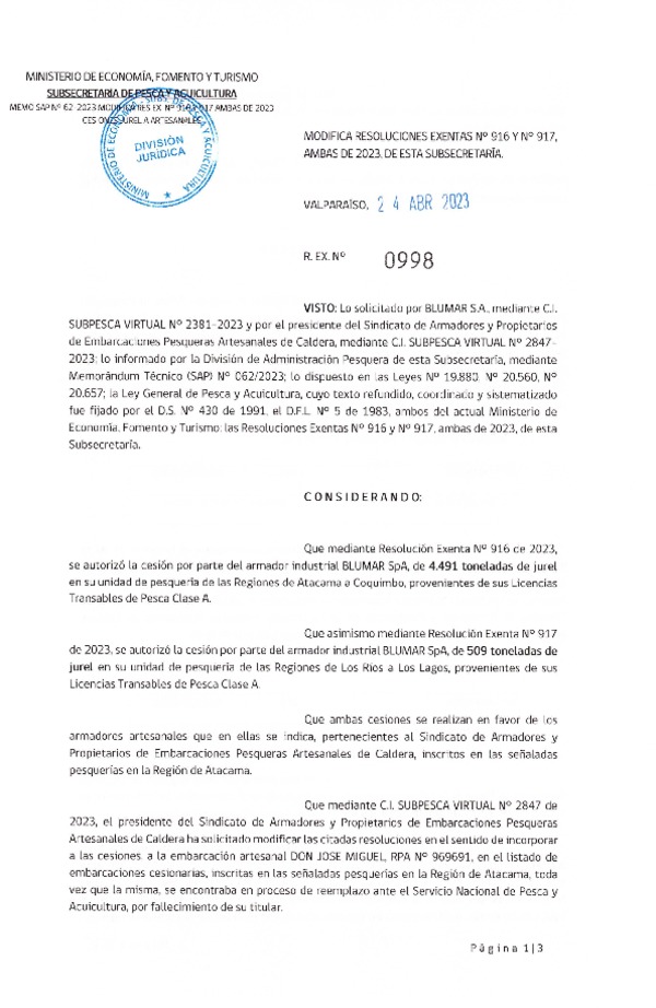 Res. Ex N° 0998-2023, Modifica Res. Ex. N° 916 y 917, ambas de 2023. (Publicado en Página Web 26-04-2023).