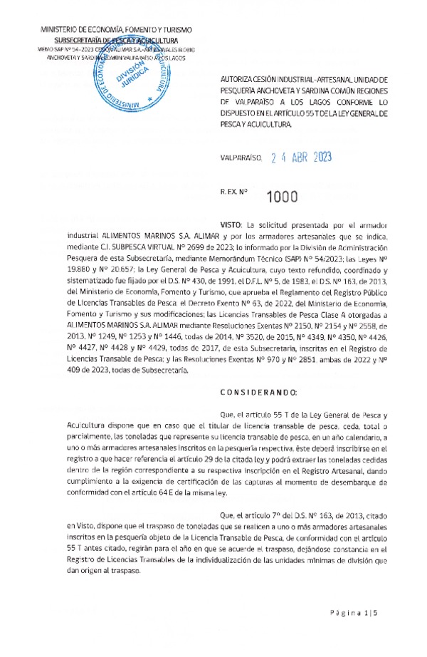Res. Ex N° 1000-2023, Autoriza cesión unidad de Pesquería Anchoveta y Sardina Común Regiones de Valparaíso a Los Lagos. (Publicado en Página Web 26-04-2023)