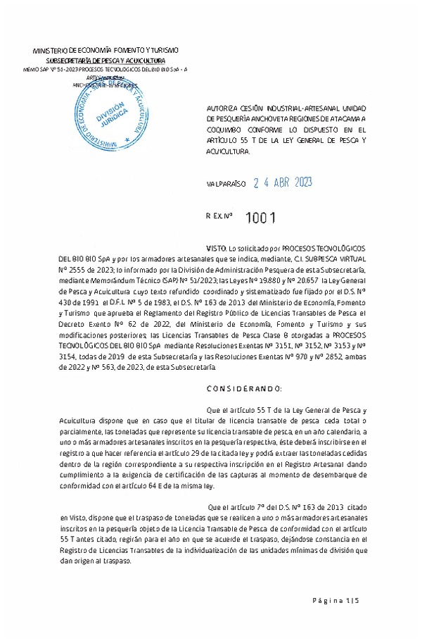 Res. Ex N° 1001-2023, Autoriza cesión Pesquería Anchoveta Regiones de Atacama a Coquimbo. (Publicado en Página Web 26-04-2023).