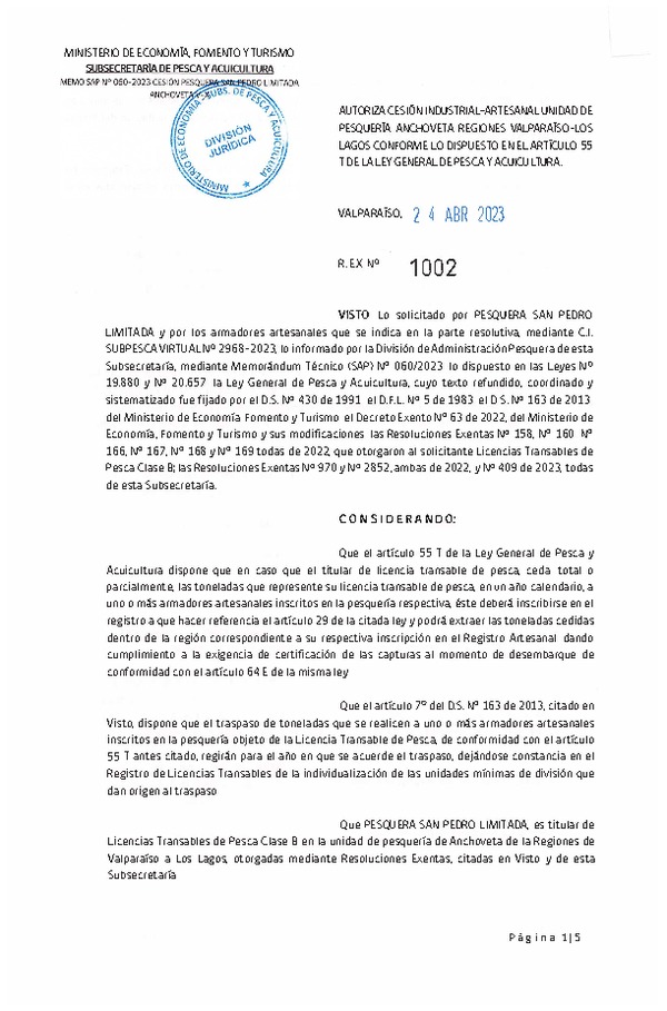 Res. Ex N° 1002-2023, Autoriza cesión unidad de Pesquería Anchoveta y Sardina Común Regiones de Valparaíso a Los Lagos. (Publicado en Página Web 26-04-2023)