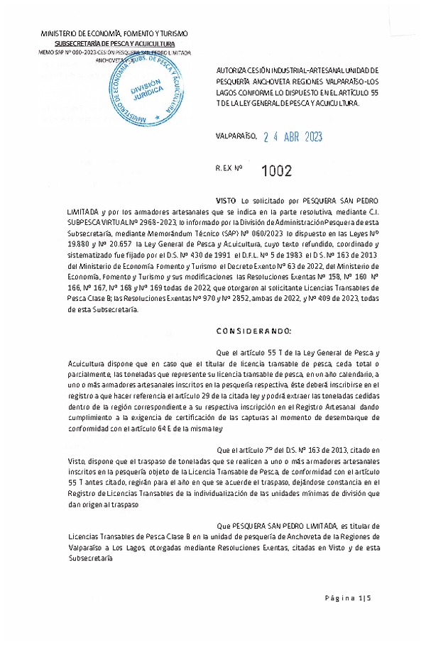 Res. Ex N° 1002-2023, Autoriza cesión unidad de Pesquería Anchoveta y Sardina Común Regiones de Valparaíso a Los Lagos. (Publicado en Página Web 26-04-2023)