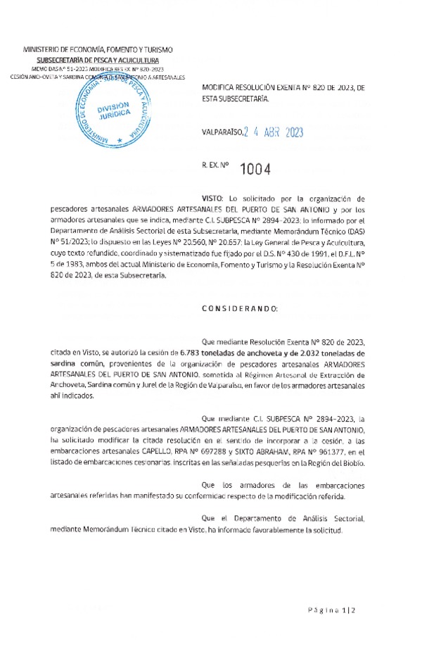 Res. Ex. N° 1004-2023 Modifica Res. Ex N° 0820-2023, Autoriza cesión Anchoveta y Sardina Común entre organización RAE Región de Valparaíso a Armador Artesanal y organizaciones RAE de la Región del Biobío. (Publicado en Página Web 26-04-2023).