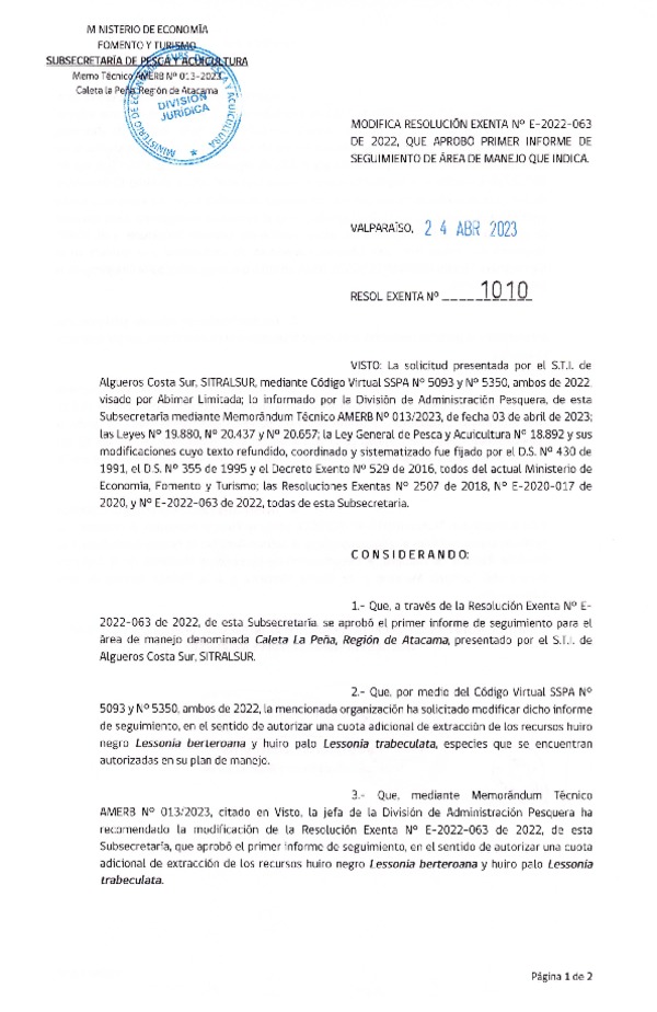 Res. Ex. N° 1010-2023 Modifica Res. Ex. N° E-2022-063 Modifica Resolución Exenta que Indica y Aprueba Primer Informe de Seguimiento. (Publicado en Página Web 26-04-2023)