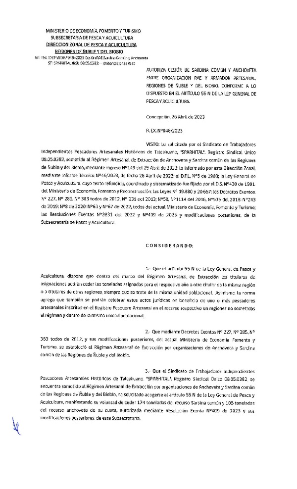 Res. Ex. N° 046-2023 (DZP Ñuble y del Biobío) Autoriza cesión Sardina común y Anchoveta. (Publicado en Página Web 26-04-2023)