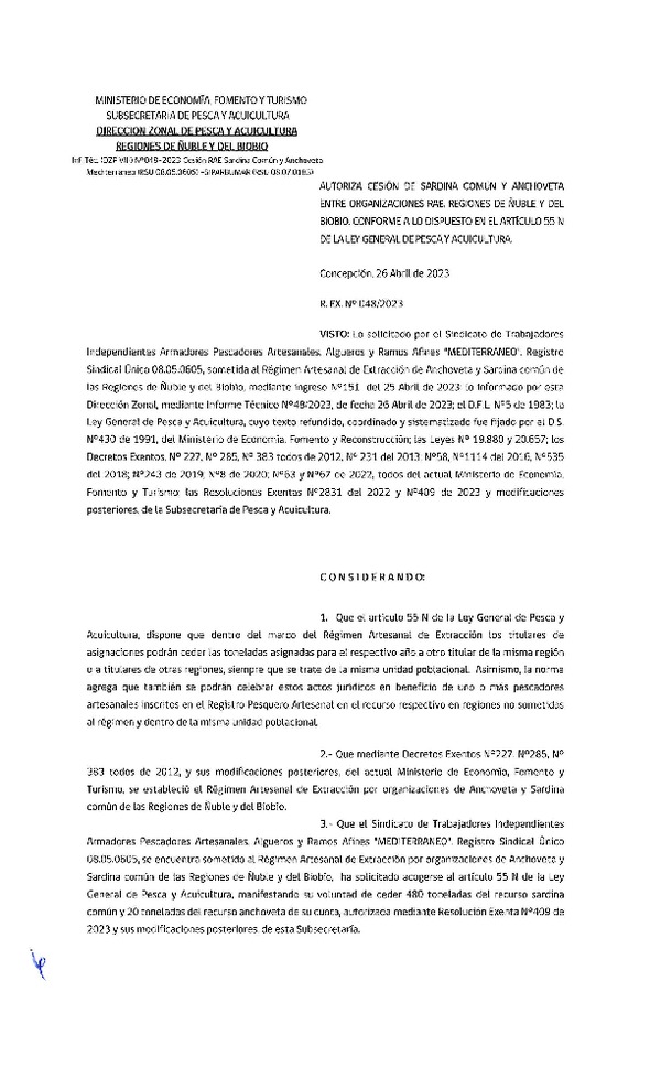 Res. Ex. N° 048-2023 (DZP Ñuble y del Biobío) Autoriza cesión Sardina común y Anchoveta. (Publicado en Página Web 26-04-2023)