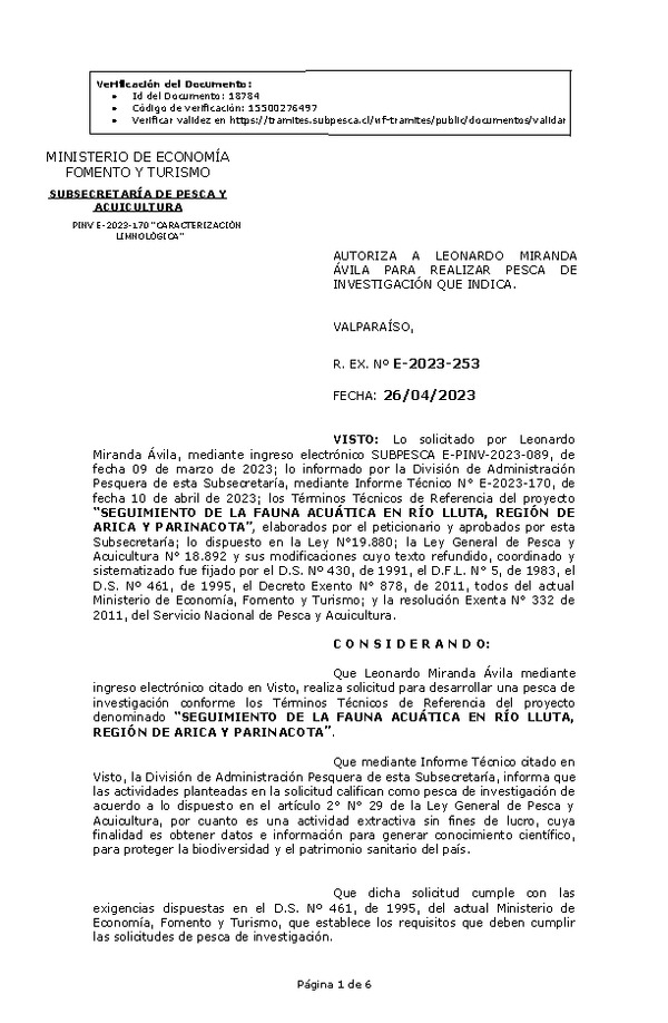 R. EX. Nº E-2023-253 AUTORIZA A LEONARDO MIRANDA ÁVILA PARA REALIZAR PESCA DE INVESTIGACIÓN QUE INDICA. (Publicado en Página Web 27-04-2023)