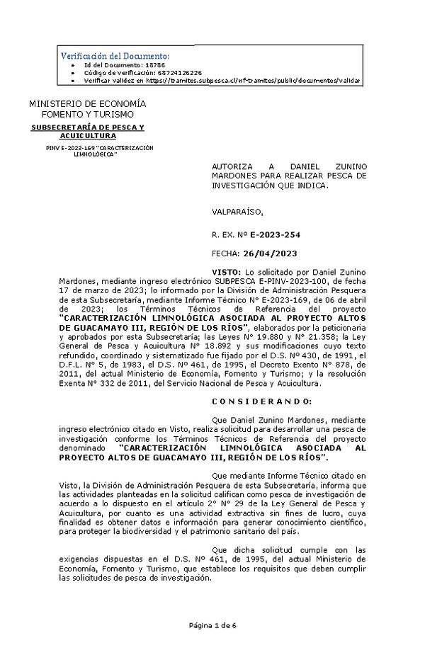 R. EX. Nº E-2023-254 AUTORIZA A DANIEL ZUNINO MARDONES PARA REALIZAR PESCA DE INVESTIGACIÓN QUE INDICA. (Publicado en Página Web 27-04-2023)