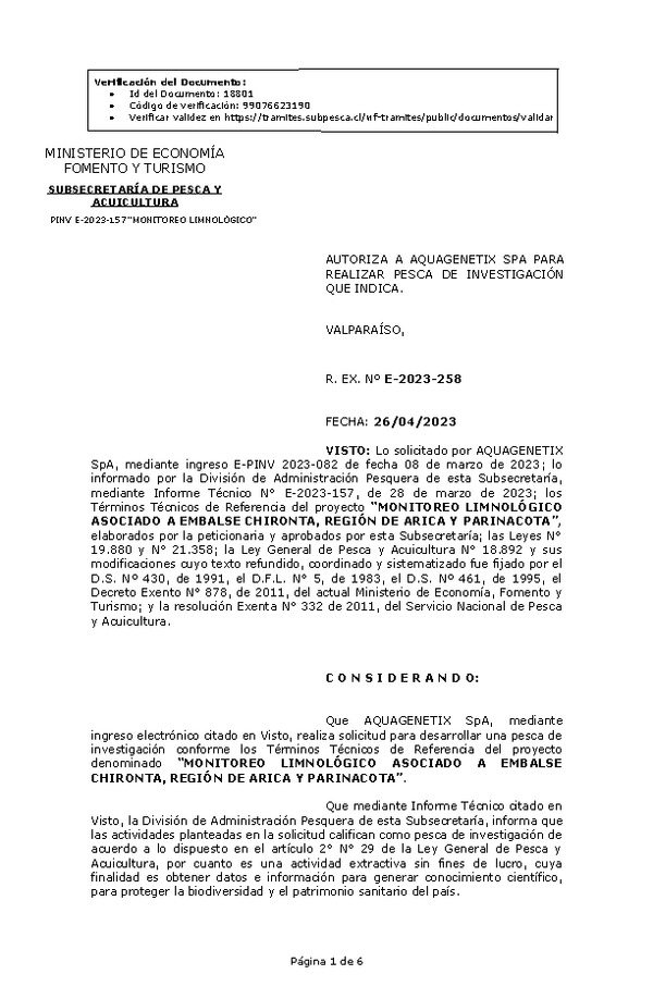 R. EX. Nº E-2023-258 AUTORIZA A AQUAGENETIX SPA PARA REALIZAR PESCA DE INVESTIGACIÓN QUE INDICA. (Publicado en Página Web 27-04-2023)
