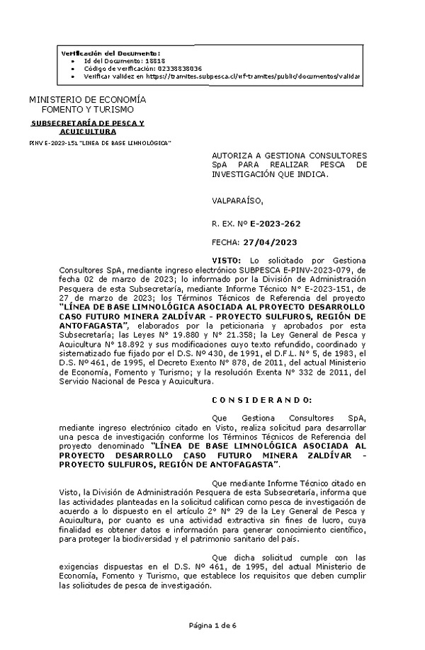 R. EX. Nº E-2023-262 AUTORIZA A GESTIONA CONSULTORES SpA PARA REALIZAR PESCA DE INVESTIGACIÓN QUE INDICA. (Publicado en Página Web 27-04-2023)