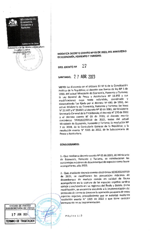 Dec. Ex. 27-2023 Modifica Dec. Ex. N° 05-2023 Establece porcentajes de desembarque de especies como fauna acompañante, año 2023. (Publicado en Página Web 27-04-2023)