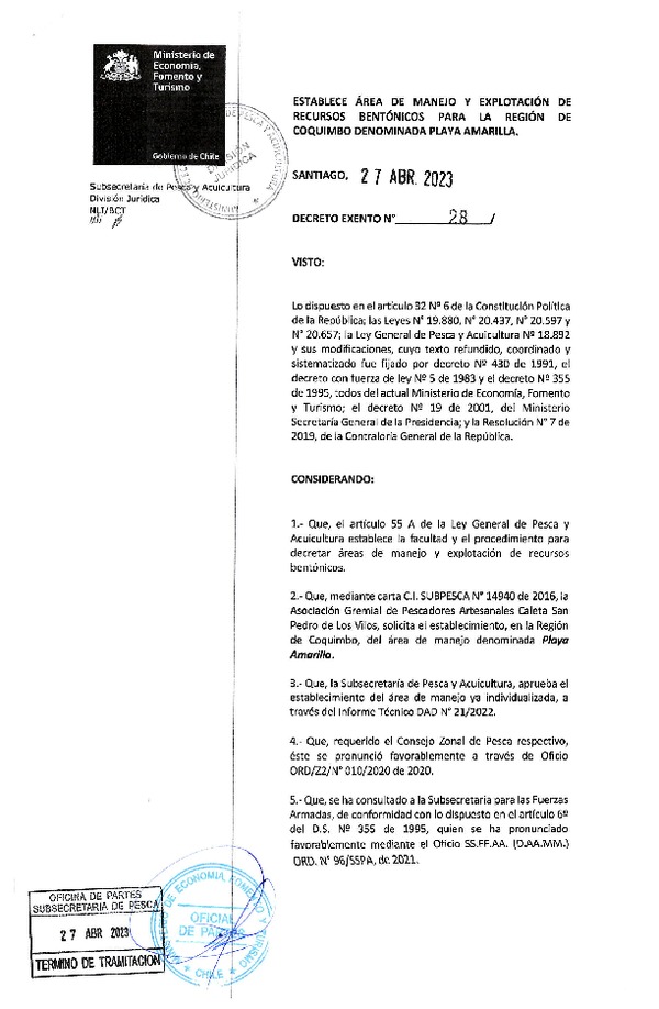 Dec. Ex. N° 28-2023 Establece Área de Manejo y Explotación de Recursos Bentónicos Para la Región de Coquimbo, Playa Amarilla. (Publicado en Página Web 27-04-2023)