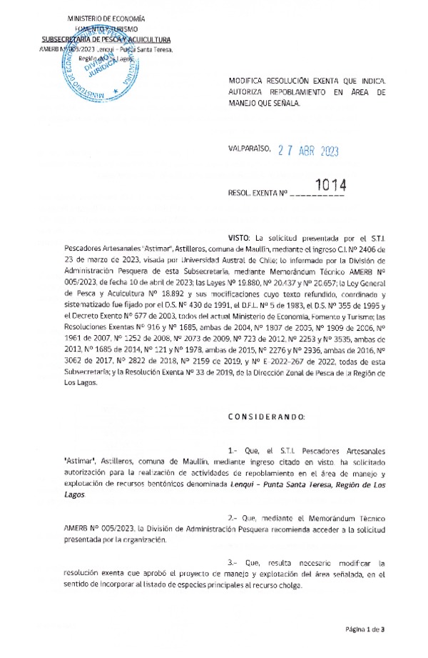 R. EX. Nº 1014-2023 Modifica resolución que indica, Autoriza repoblamiento que señala. (Publicado en Página Web 27-04-2023)