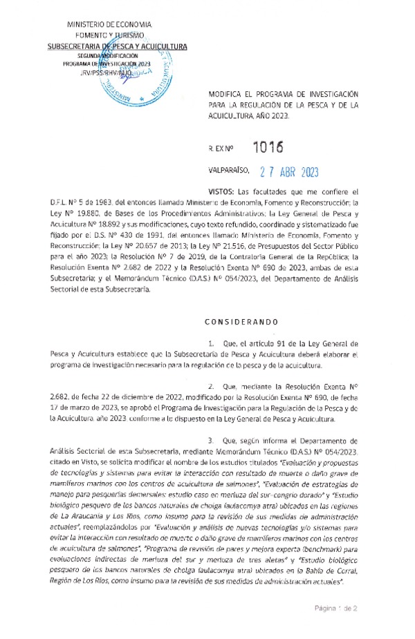 Res. Ex. N° 1016-2023 Modifica Res. Ex. N° 2682-2022 Aprueba Programa de Investigación para la Regulación de la Pesca y de la Acuicultura, Año 2023. (Publicado en Página Web 27-04-2023)