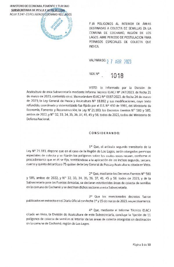 Res. Ex. N° 1018-2023 Fija Polígonos al Interior de Área Destinadas a Colecta de Semillas en la Comuna de Cochamó, Región de Los Lagos, Abre Período de Postulación para Permisos Especiales de Colecta que Indica. (Publicado en Página Web 27-04-2023)