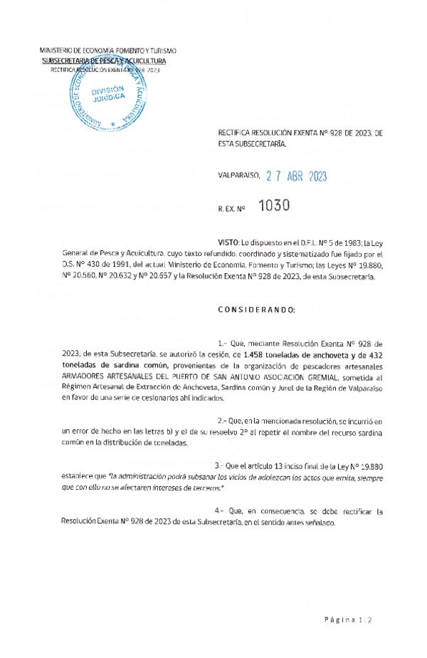 Res. Ex. N° 1030-2023 Rectifica Res. Ex N° 0928-2023, Autoriza cesión Anchoveta y Sardina Común Región de Valparaíso a Ñuble-Biobío. (Publicado en Página Web 28-04-2023).