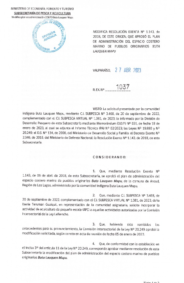 Res. Ex. N° 1037-2023 Modifica Res. Ex. N° 1143-2018 Aprueba plan de administración de ECMPO, Buta Lauquén Mapu, Región de Los lagos. (Publicado en Página Web 28-04-2018)