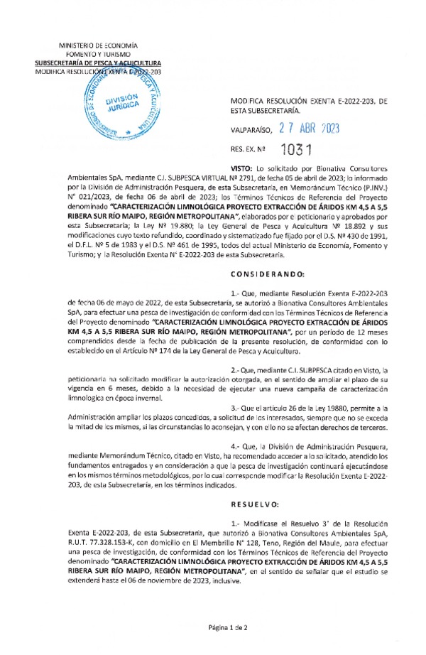 Res. Ex. N° 1031-2023 Modifica R. EX. Nº E-2022-203 CARACTERIZACIÓN LIMNOLÓGICA PROYECTO EXTRACCIÓN DE ÁRIDOS KM 4,5 A 5,5 RIBERA SUR RÍO MAIPO, REGIÓN METROPOLITANA. (Publicado en Página Web 28-04-2023)