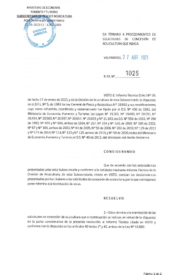 Res. Ex. N° 1025-2023 Da término a procedimientos de solicitudes de concesión de acuicultura que indica.